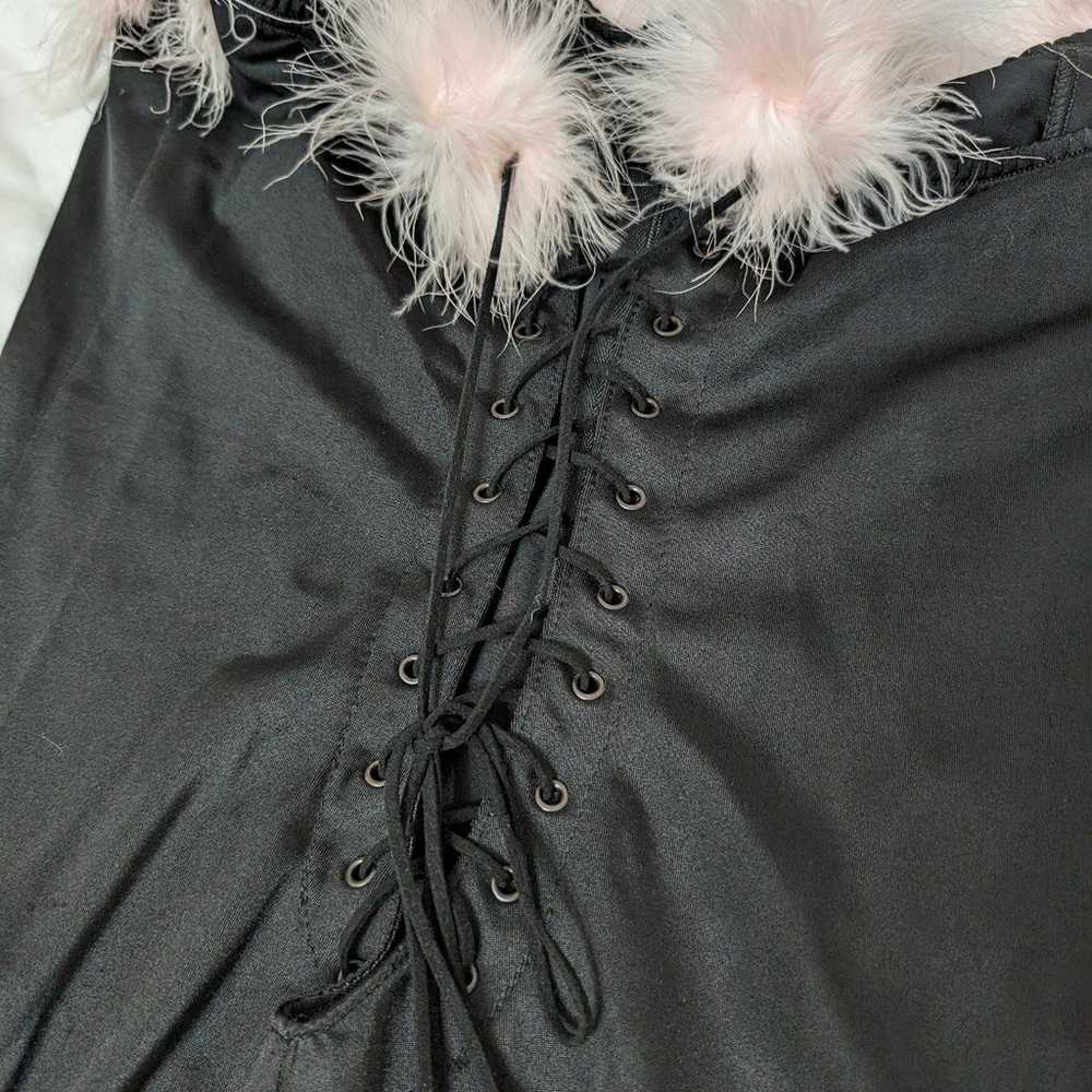 Vintage black dress pink fur trim Y2K lace up back - image 3