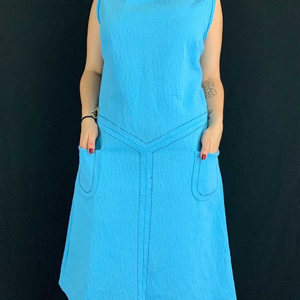 60s/70s Blue Mod Sleeveless Crimplene Shift Dress - image 1