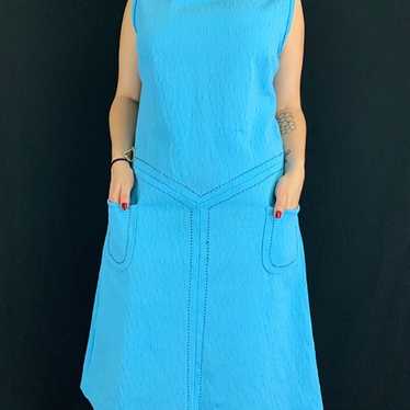 60s/70s Blue Mod Sleeveless Crimplene Shift Dress - image 1