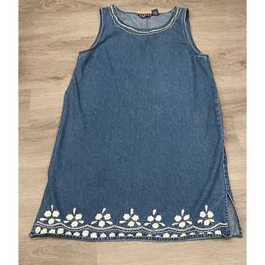 Vintage 90’s denim jumper dress with floral embro… - image 1