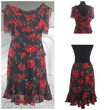 Vintage Red Rose 2 Piece Ruffle Floral Flowy Midi… - image 1