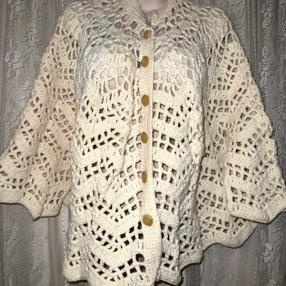 Vintage 70’s Handmade Shawl Wrap Crochet Ivory Hi… - image 1