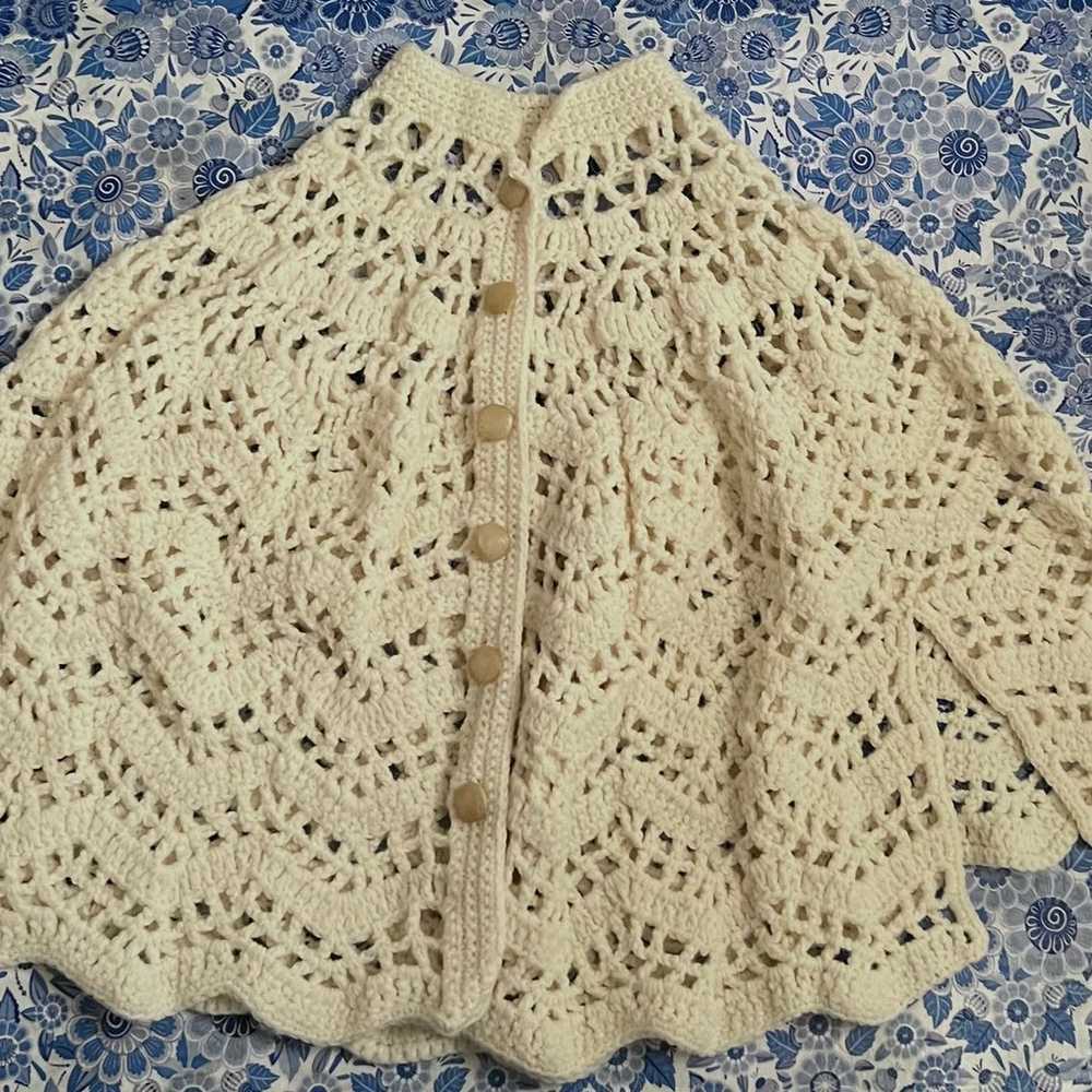 Vintage 70’s Handmade Shawl Wrap Crochet Ivory Hi… - image 5