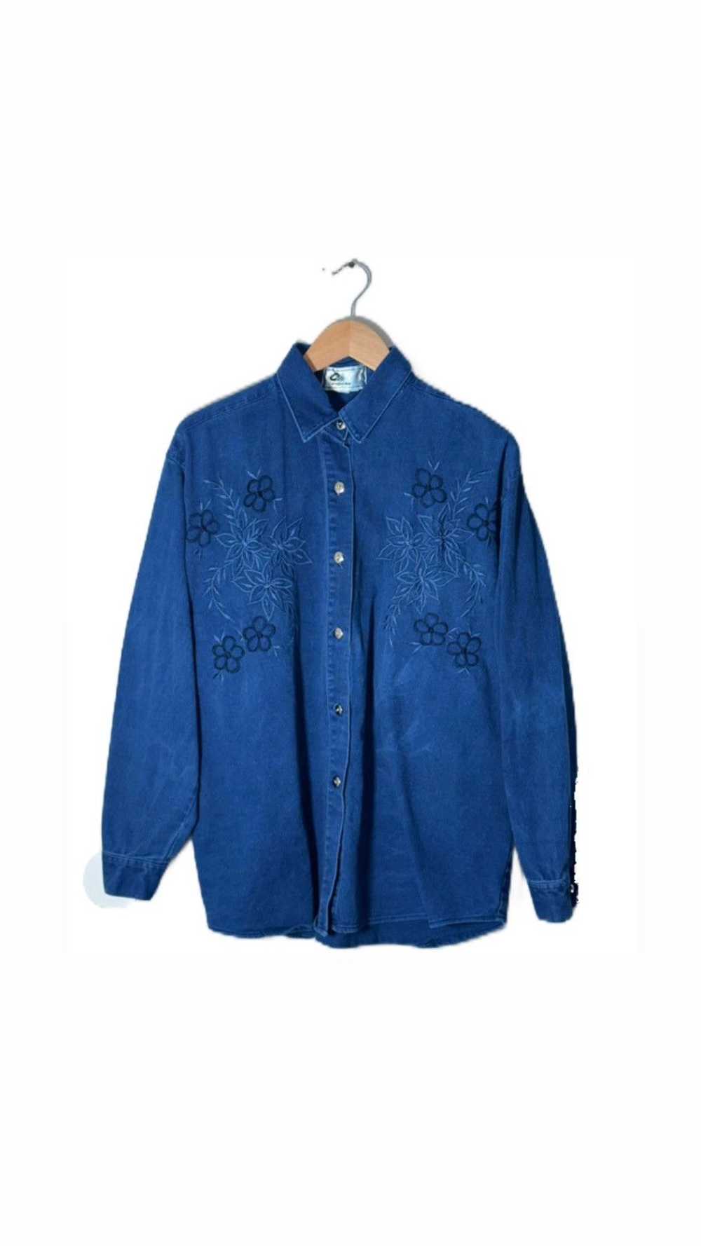 Vintage 90s Vintage Blue Floral embroidered Denim… - image 1