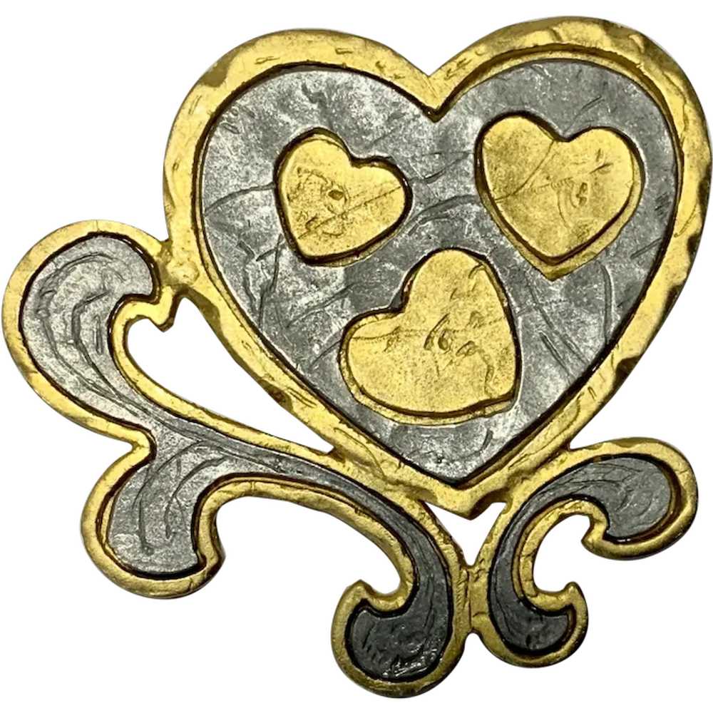 Gold Tone & Gray Metal Heart Brooch Pin - image 1