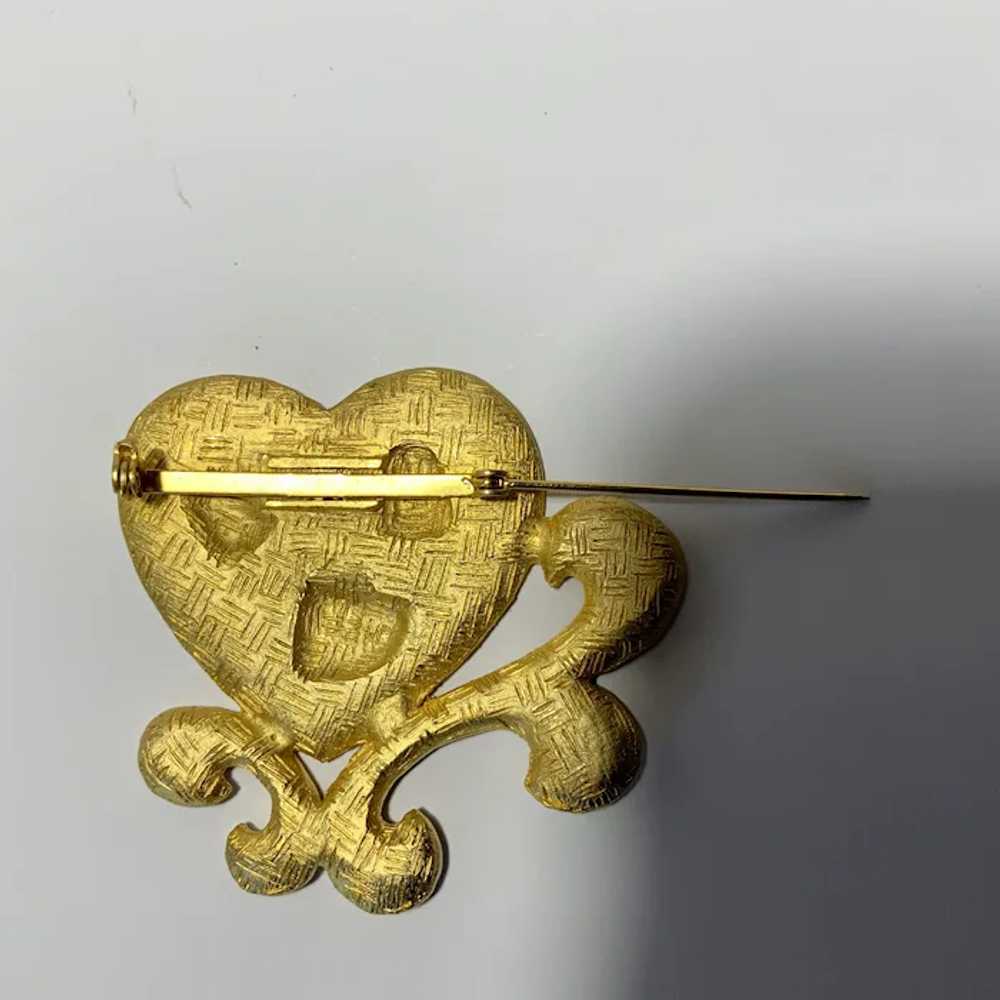 Gold Tone & Gray Metal Heart Brooch Pin - image 4