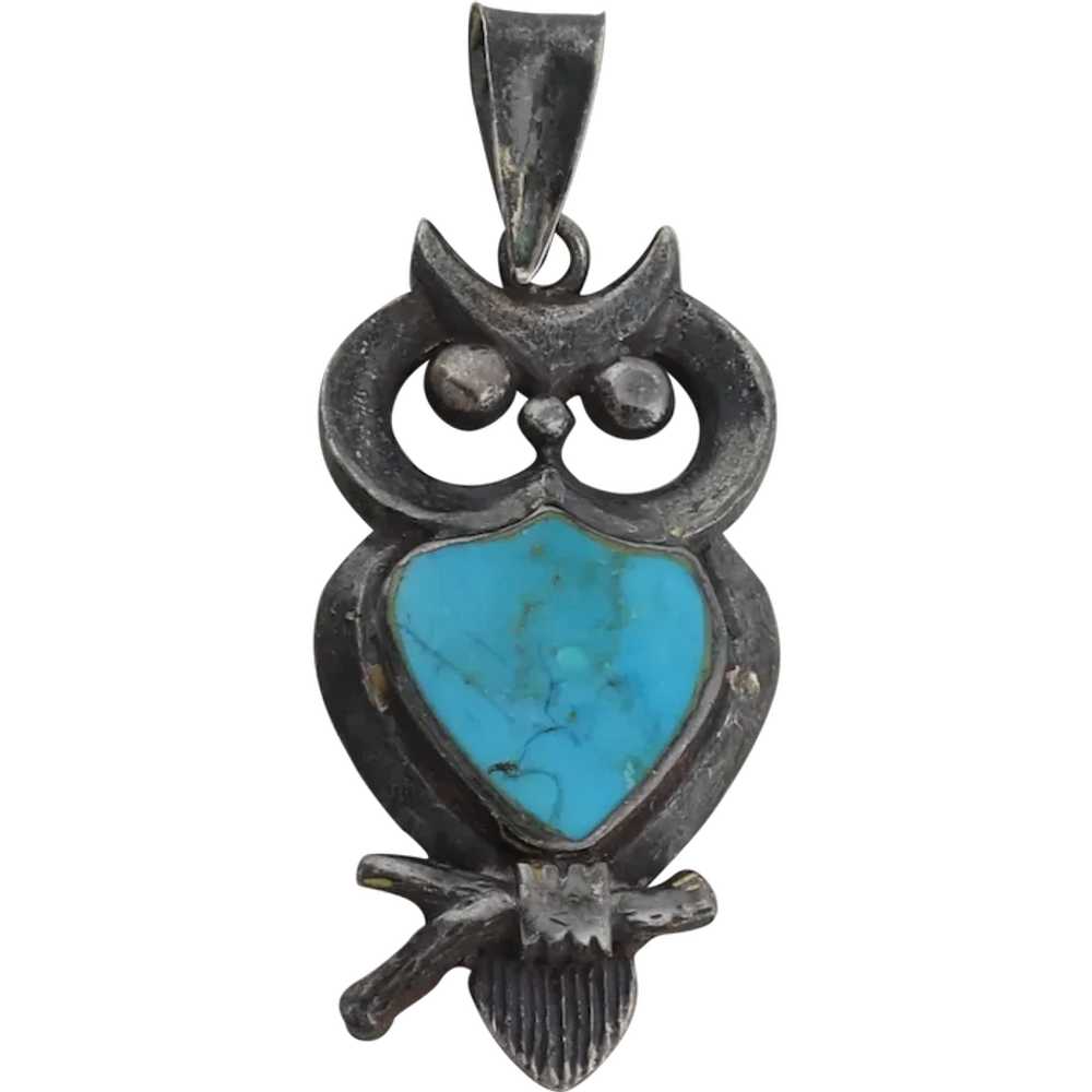 Sterling Silver Turquoise Owl Pendant Only Vintag… - image 1