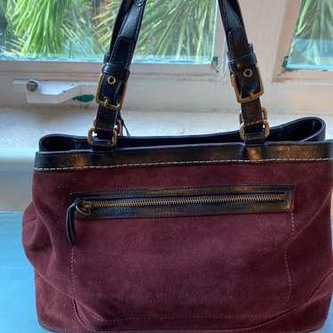 COACH Purse 8B03 Dark Brown Suede top w/Teal Trim Hampton Zip Handbag Shoulder Bag