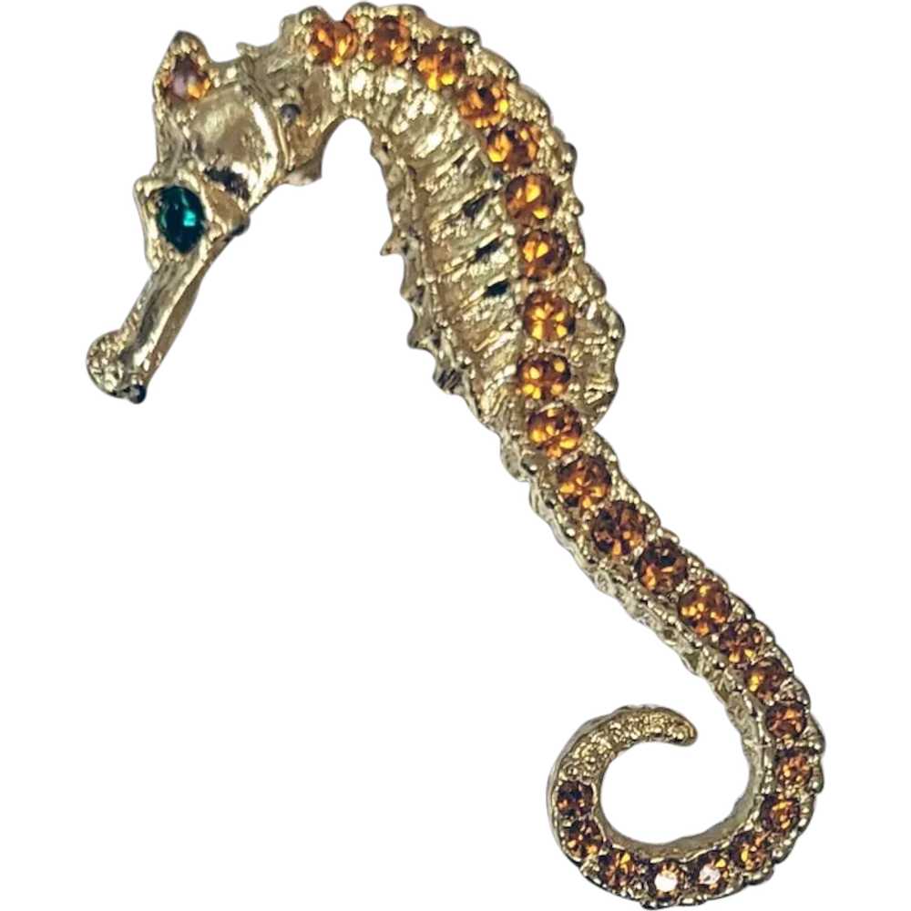 Rhinestone Seahorse Brooch Topaz Rhinestone Spine… - image 1