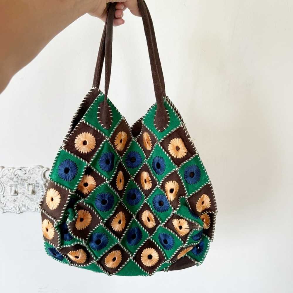 Vintage Boho Suede Crochet Granny Square Bag Blue… - image 1