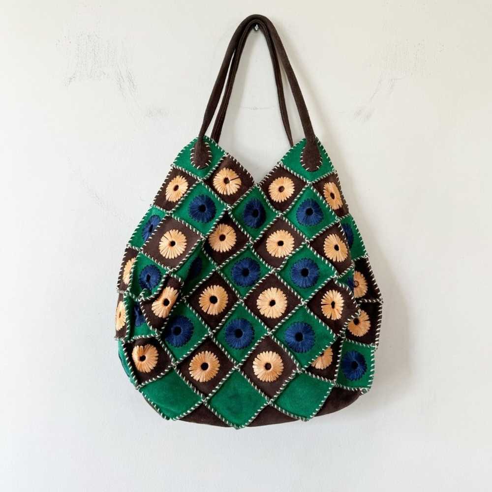 Vintage Boho Suede Crochet Granny Square Bag Blue… - image 2