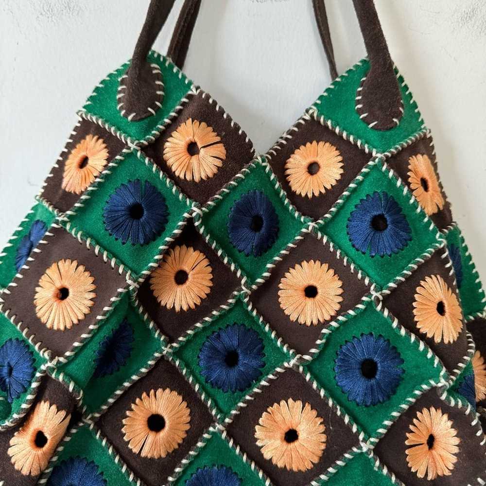 Vintage Boho Suede Crochet Granny Square Bag Blue… - image 3