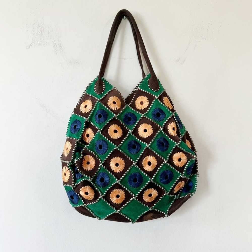 Vintage Boho Suede Crochet Granny Square Bag Blue… - image 4