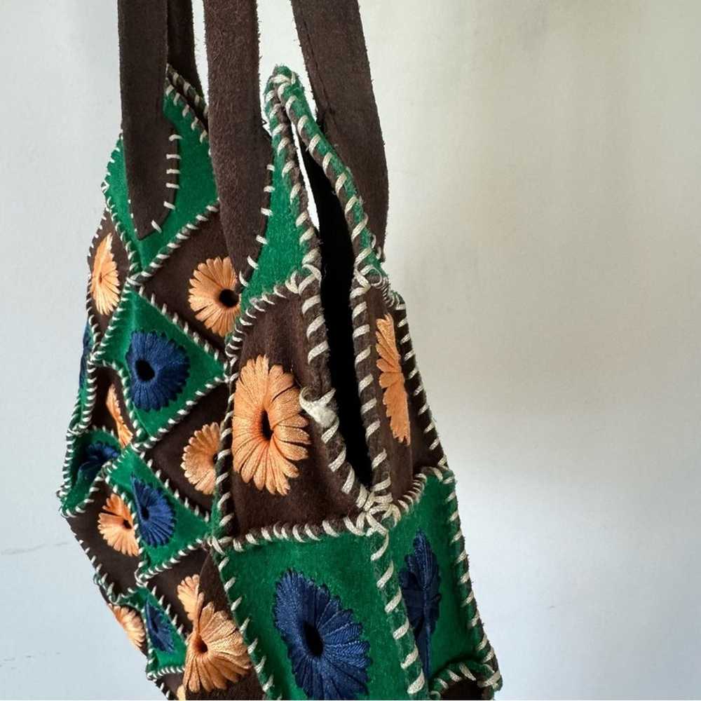 Vintage Boho Suede Crochet Granny Square Bag Blue… - image 5