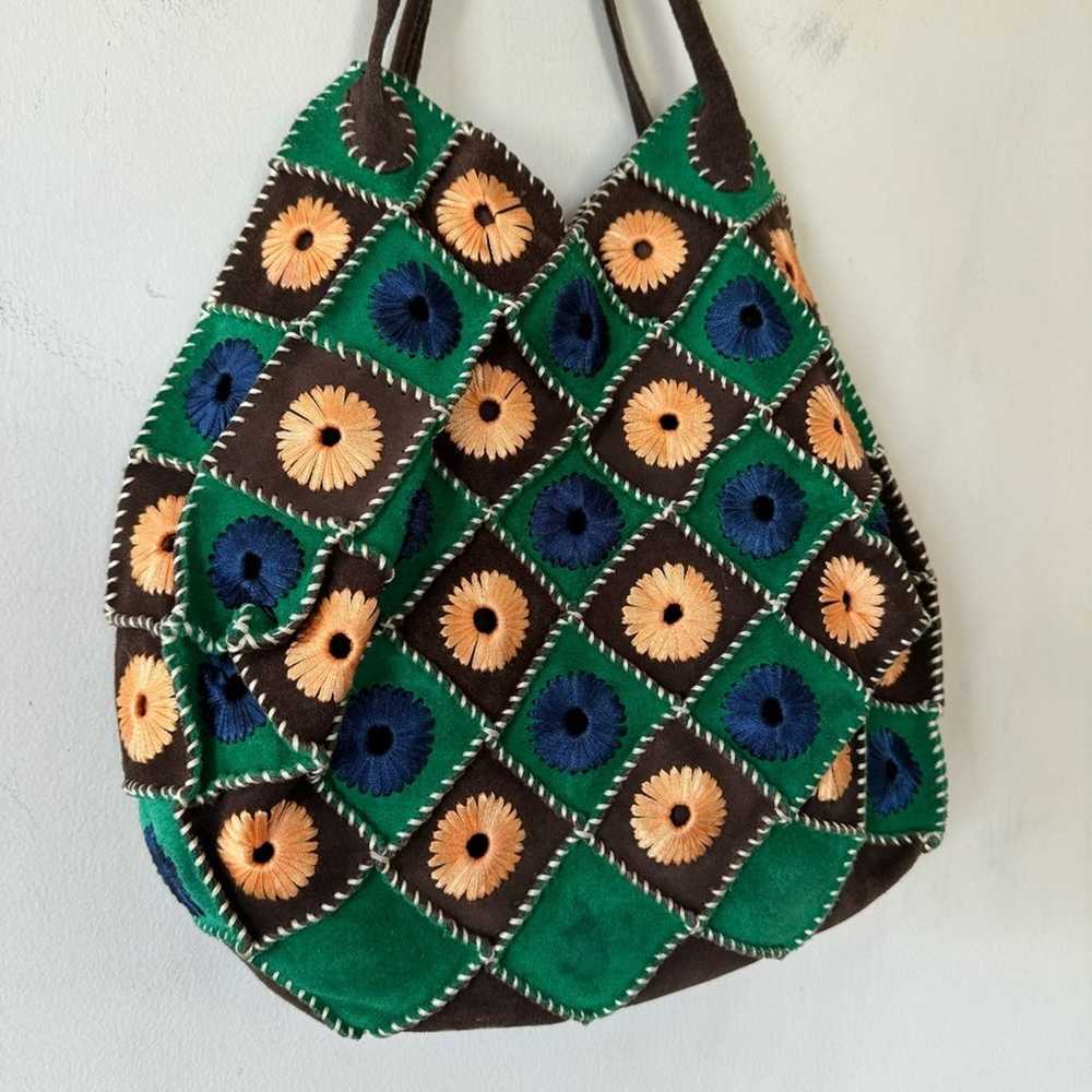 Vintage Boho Suede Crochet Granny Square Bag Blue… - image 6