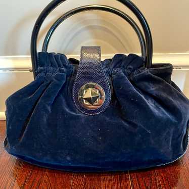 VINTAGE KATE SPADE Blue Velvet Wood Handle Bag - image 1