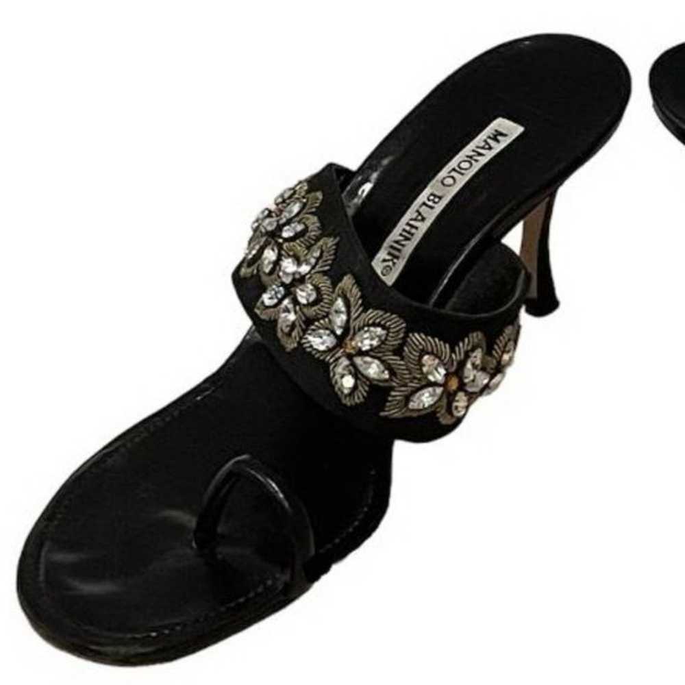 Manolo Blahnik Black Floral Rhinestone Embroidered Sandal