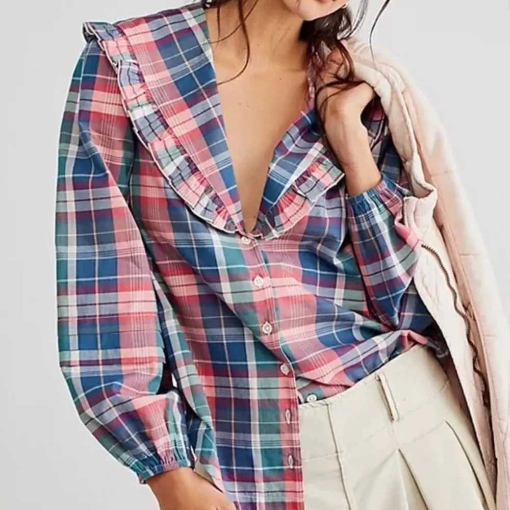 Free People Women’s Molly Ruffle Top Plaid Size M… - image 1