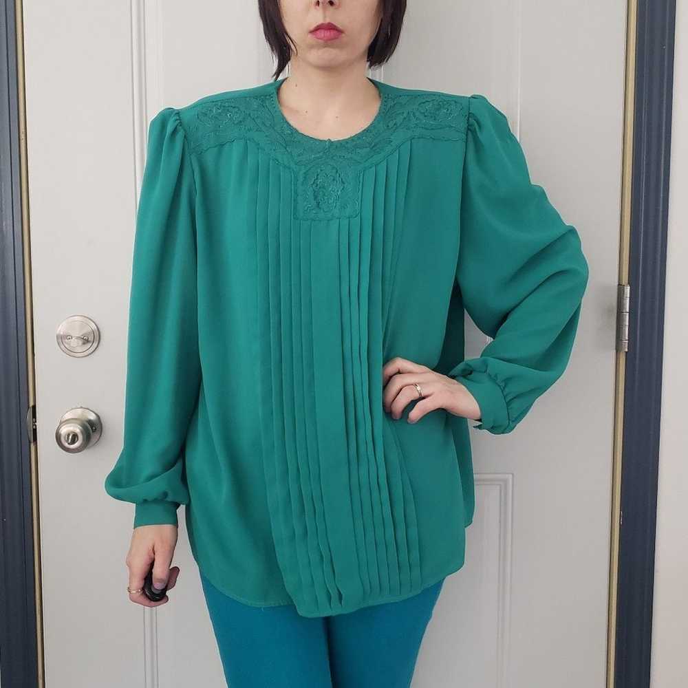 80s Green Pleated Blouse - image 1