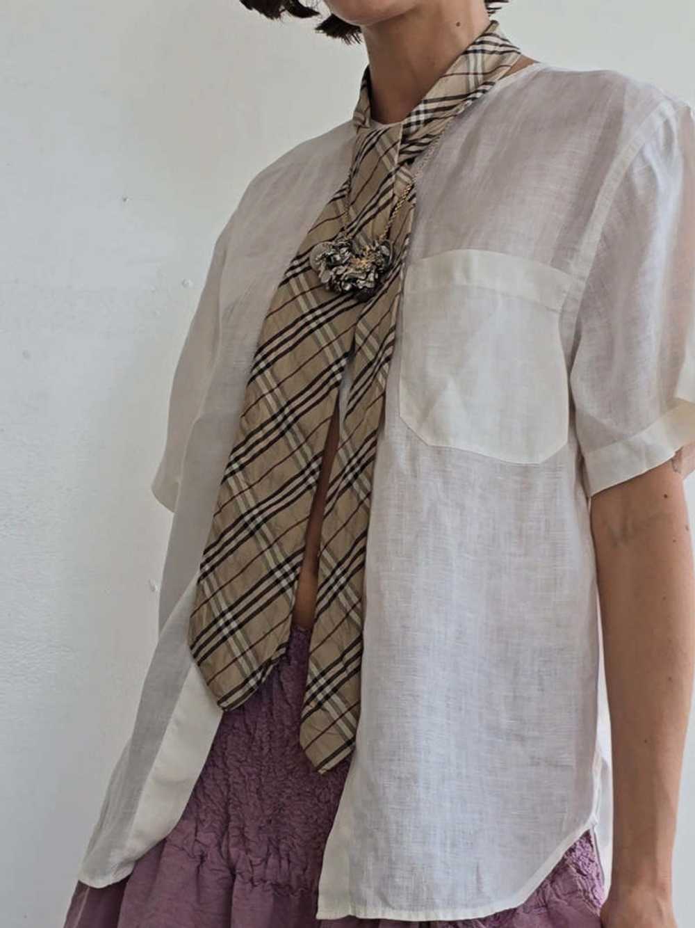 Vintage Linen Sheer Short Sleeve Buttonfront - Wh… - image 1