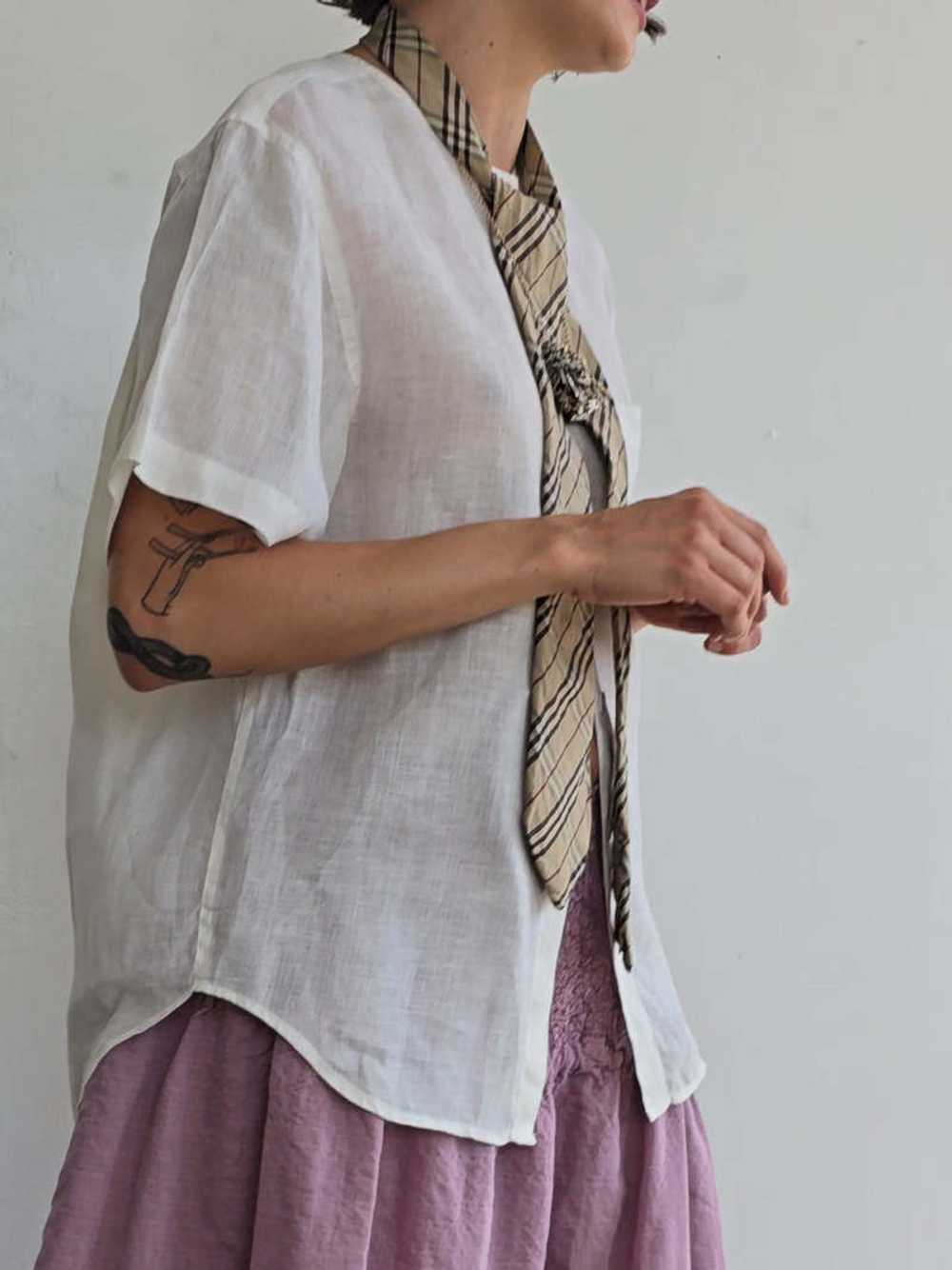 Vintage Linen Sheer Short Sleeve Buttonfront - Wh… - image 3