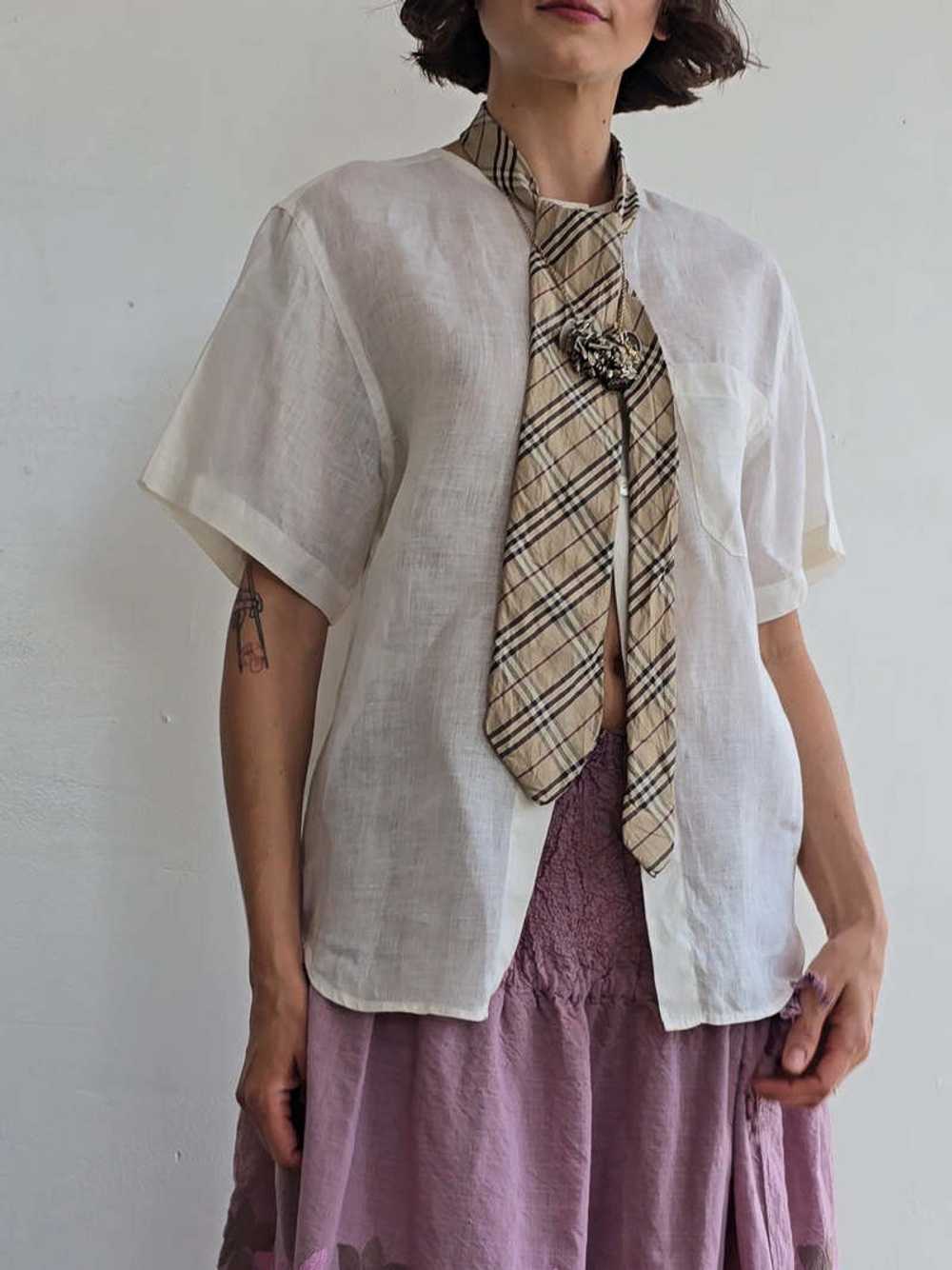 Vintage Linen Sheer Short Sleeve Buttonfront - Wh… - image 4