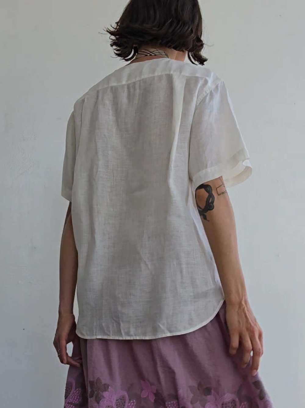 Vintage Linen Sheer Short Sleeve Buttonfront - Wh… - image 5