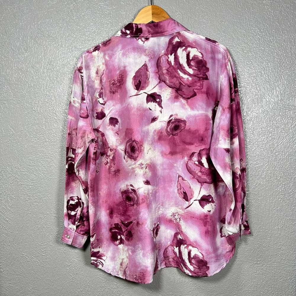 VINTAGE 90s 100% Pure Silk Pink Floral Button Up … - image 10