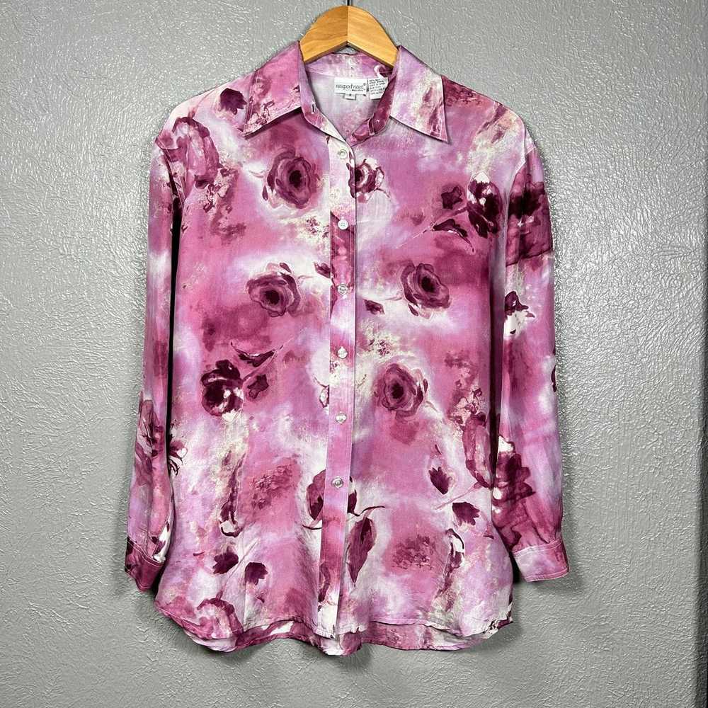 VINTAGE 90s 100% Pure Silk Pink Floral Button Up … - image 1