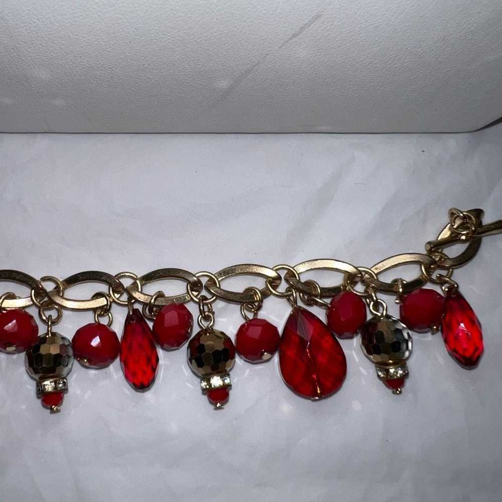 Vintage Vintage MCM Gold Tone And Red Faceted Bea… - image 4