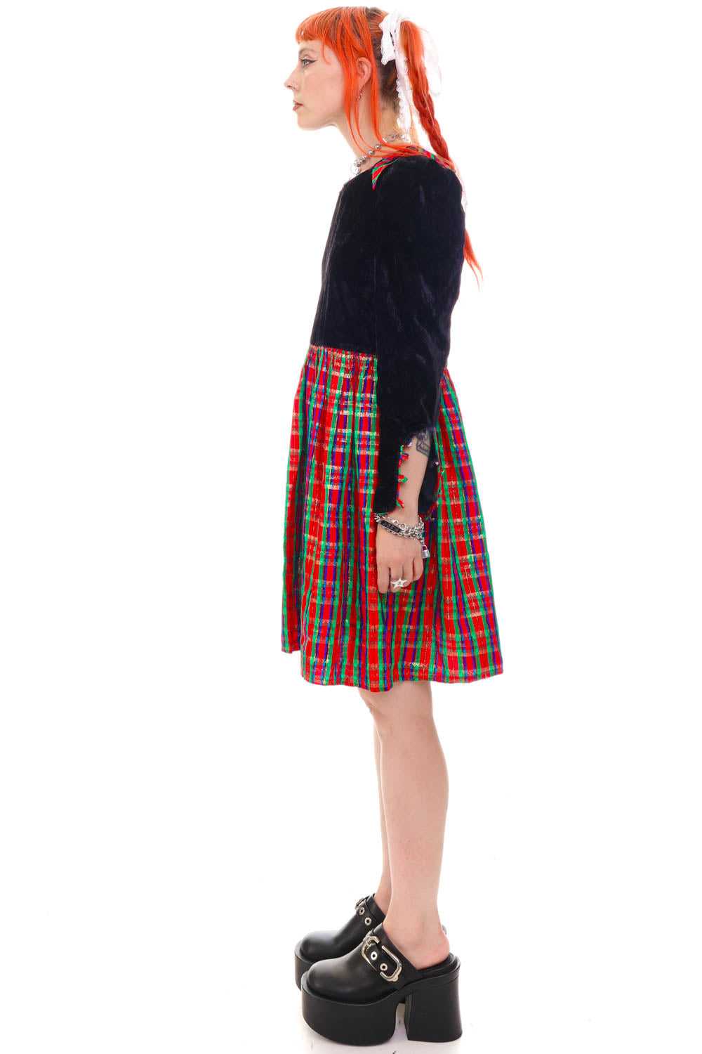 Vintage 80's Storybook Velvet Plaid Party Dress -… - image 4