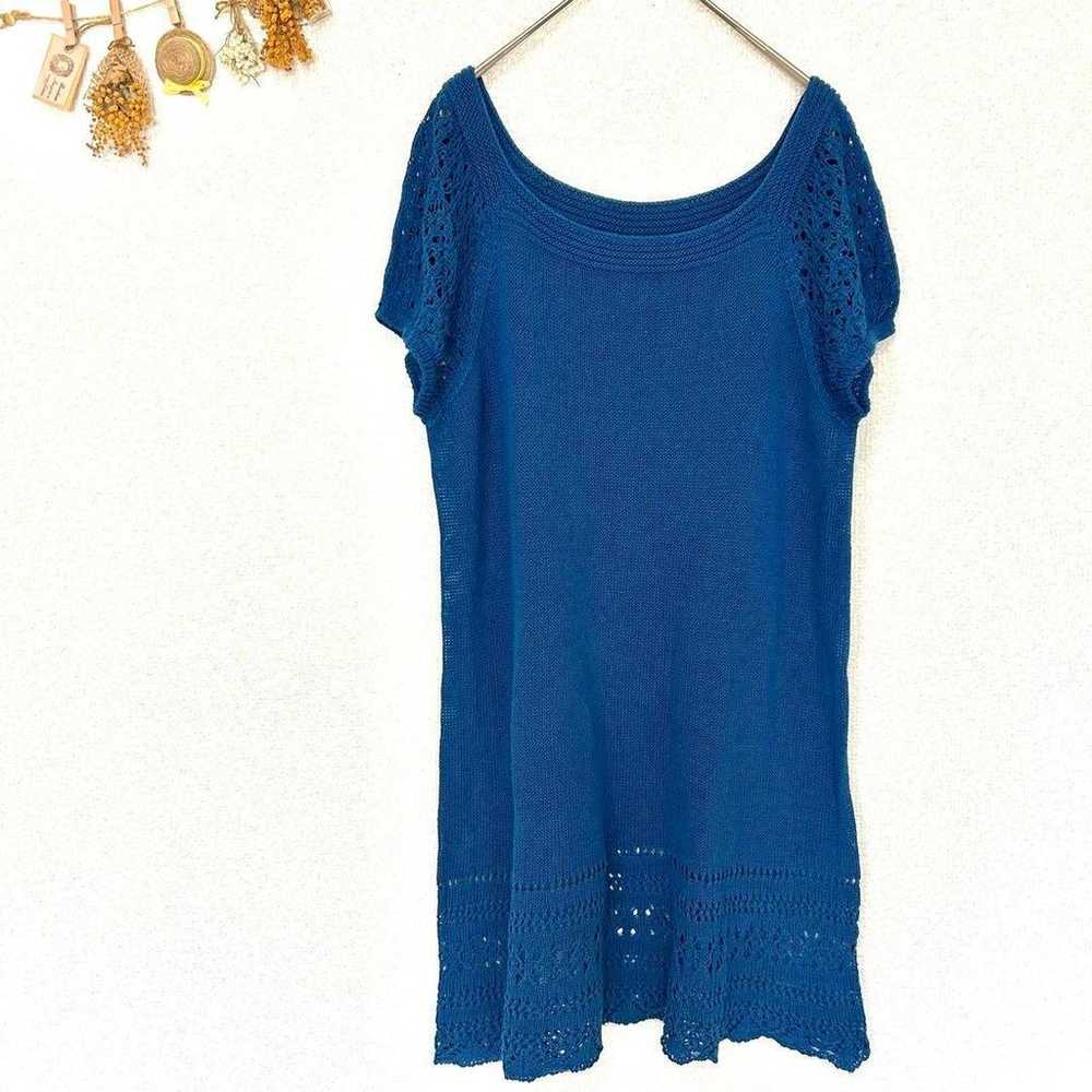 【Untitled】L Thin Knit Top Short Sleeve Tunic Blue - image 1