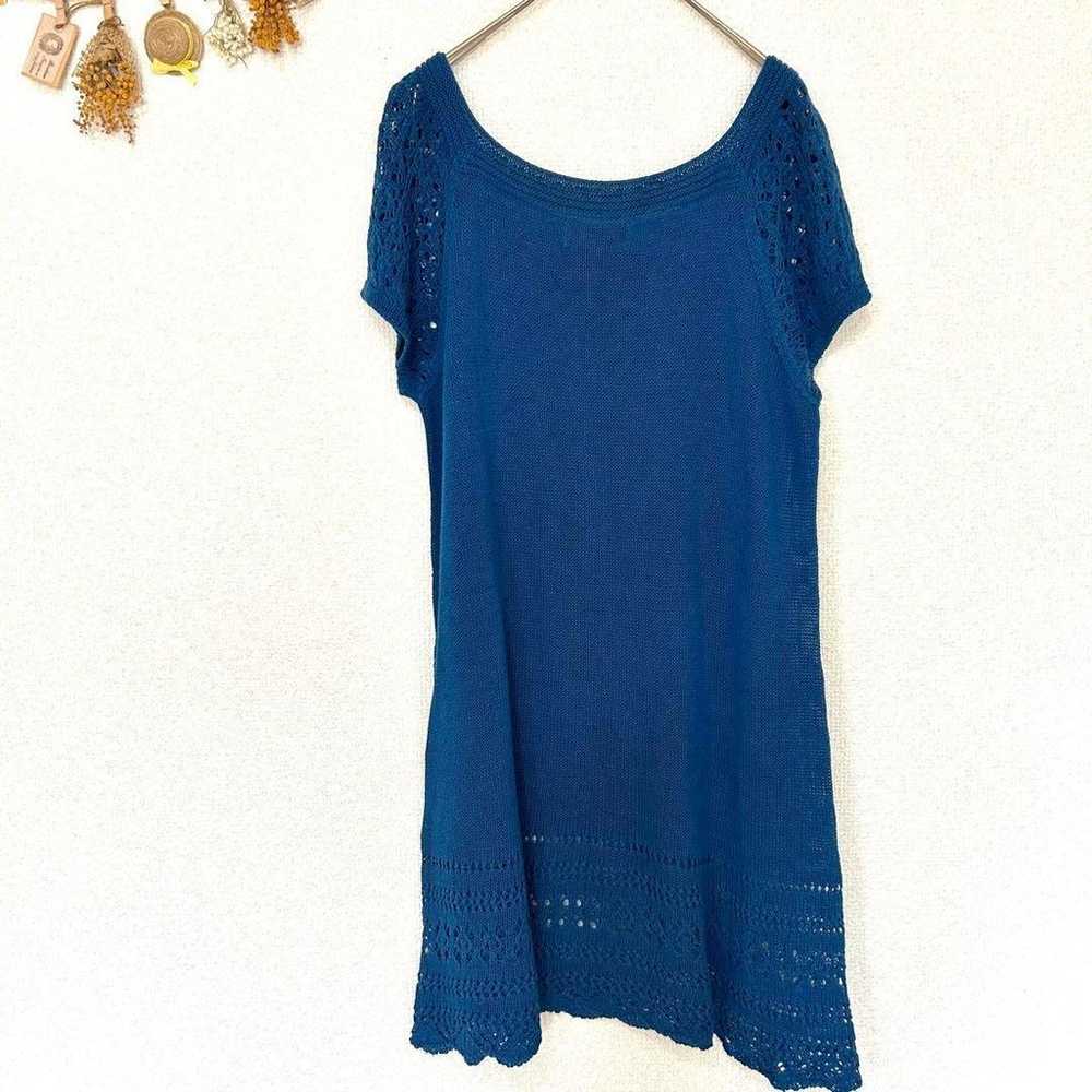 【Untitled】L Thin Knit Top Short Sleeve Tunic Blue - image 2