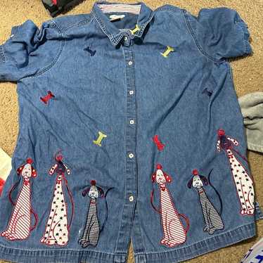 Vintage dog embroidered Fourth of July denim shirt