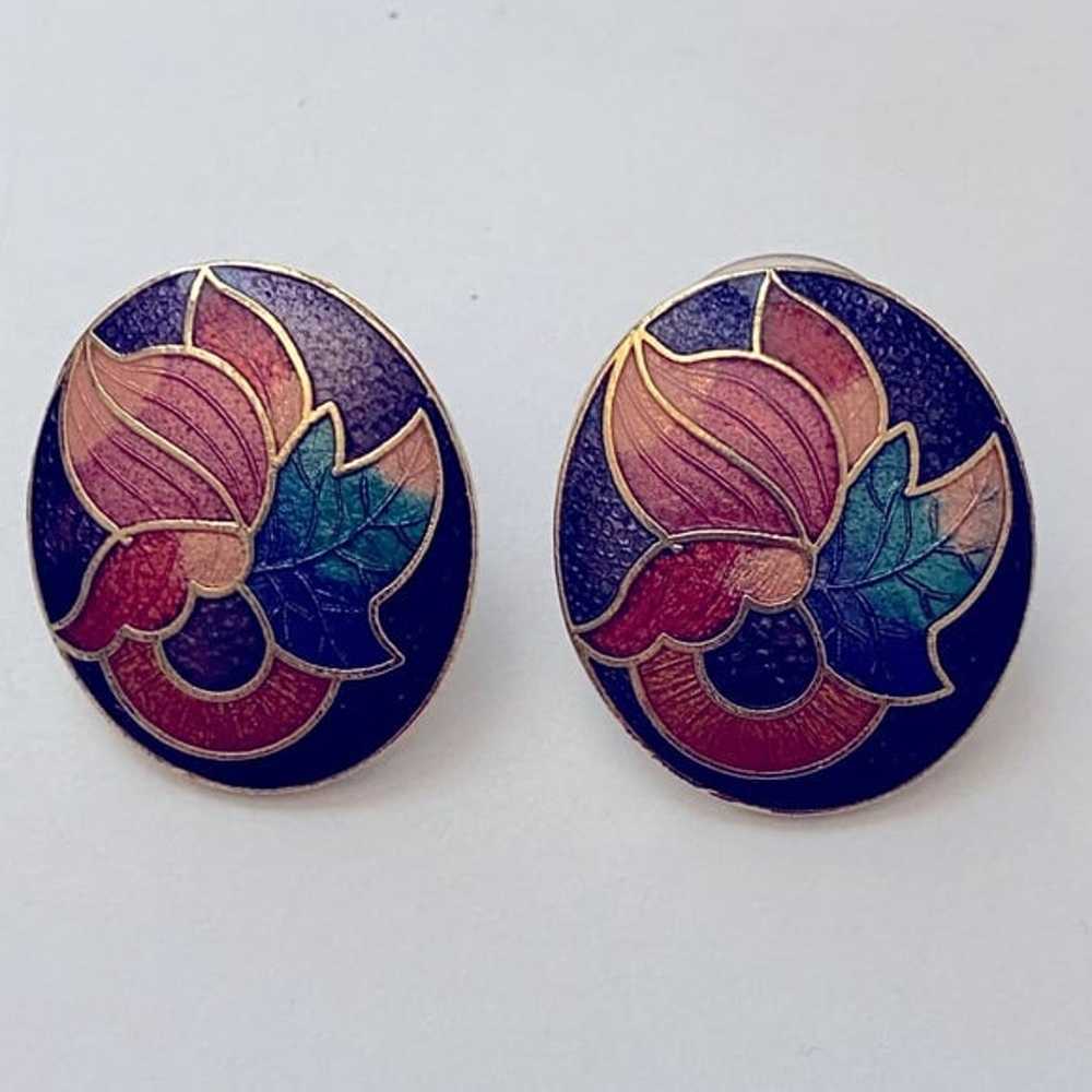 Cloisonné Art Deco 80’s Vintage Pierced Earrings … - image 1