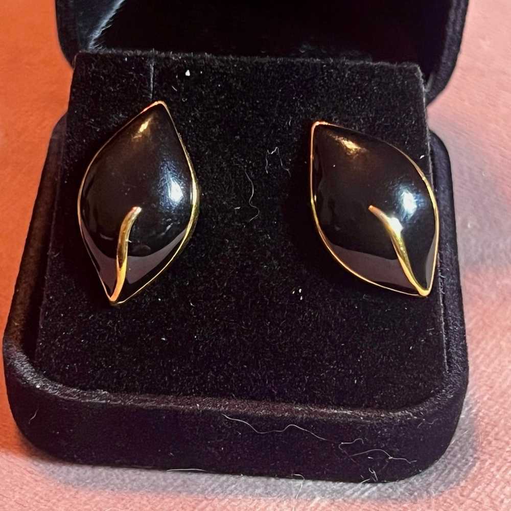 TRIFARI Vintage Black Enamel Gold Pierced Earrings - image 1