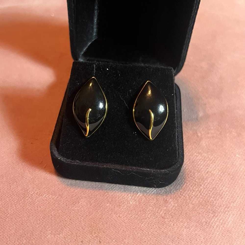 TRIFARI Vintage Black Enamel Gold Pierced Earrings - image 2