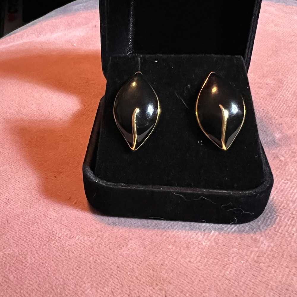 TRIFARI Vintage Black Enamel Gold Pierced Earrings - image 3