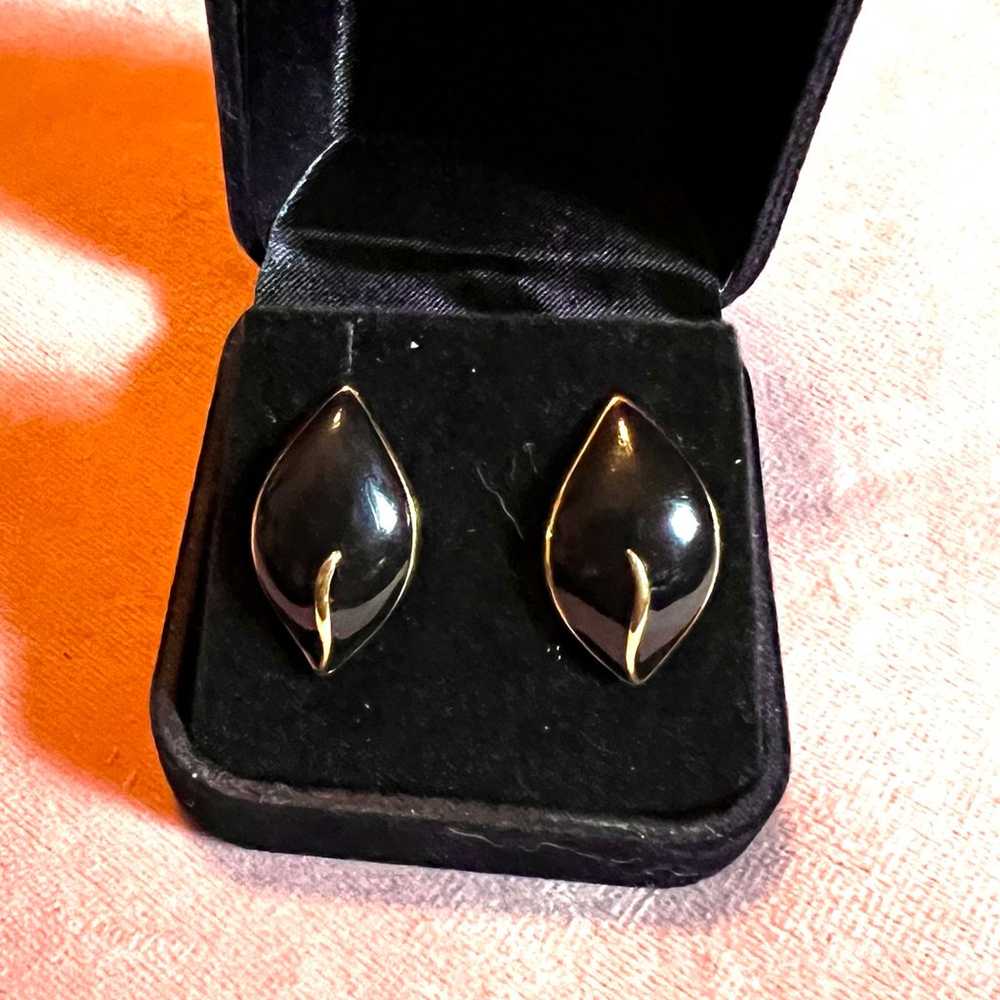 TRIFARI Vintage Black Enamel Gold Pierced Earrings - image 4