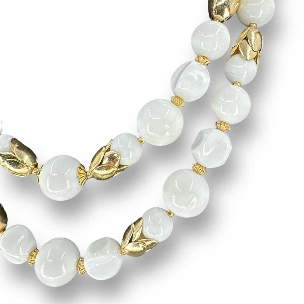 Vintage Jewelry Set White Beads Gold Plated Flora… - image 3