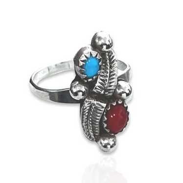 SIGNED STERLING TURQUOISE AND RED CORAL VINTAGE R… - image 1