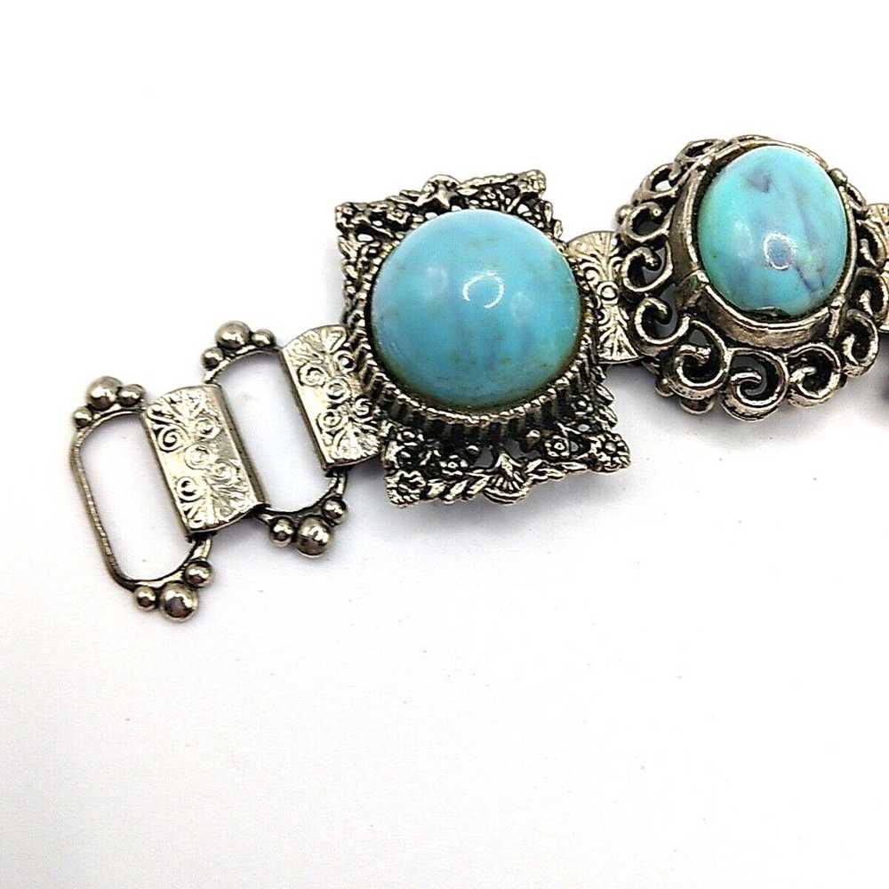 Vintage Bracelet Filigree Faux Turquoise Silver T… - image 10