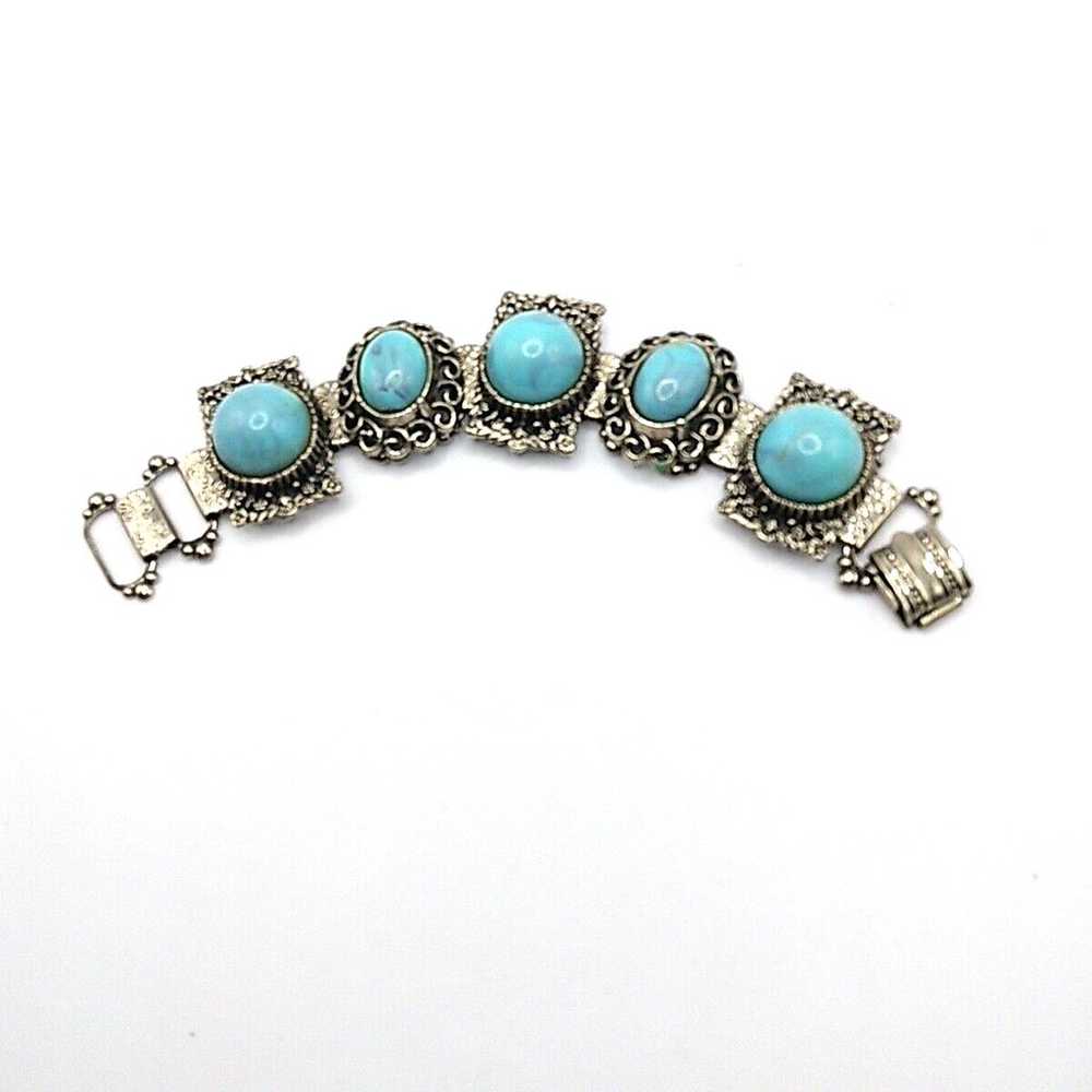 Vintage Bracelet Filigree Faux Turquoise Silver T… - image 2