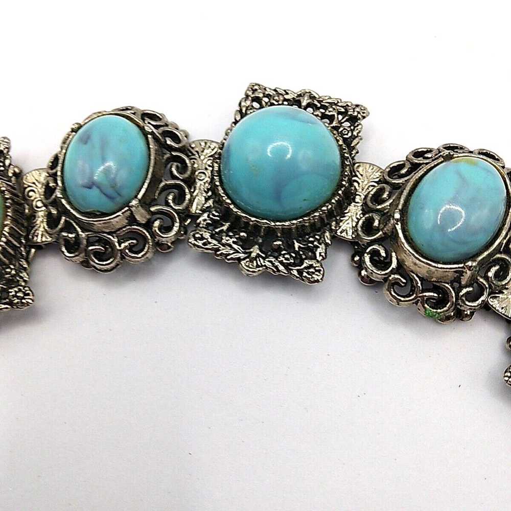 Vintage Bracelet Filigree Faux Turquoise Silver T… - image 3