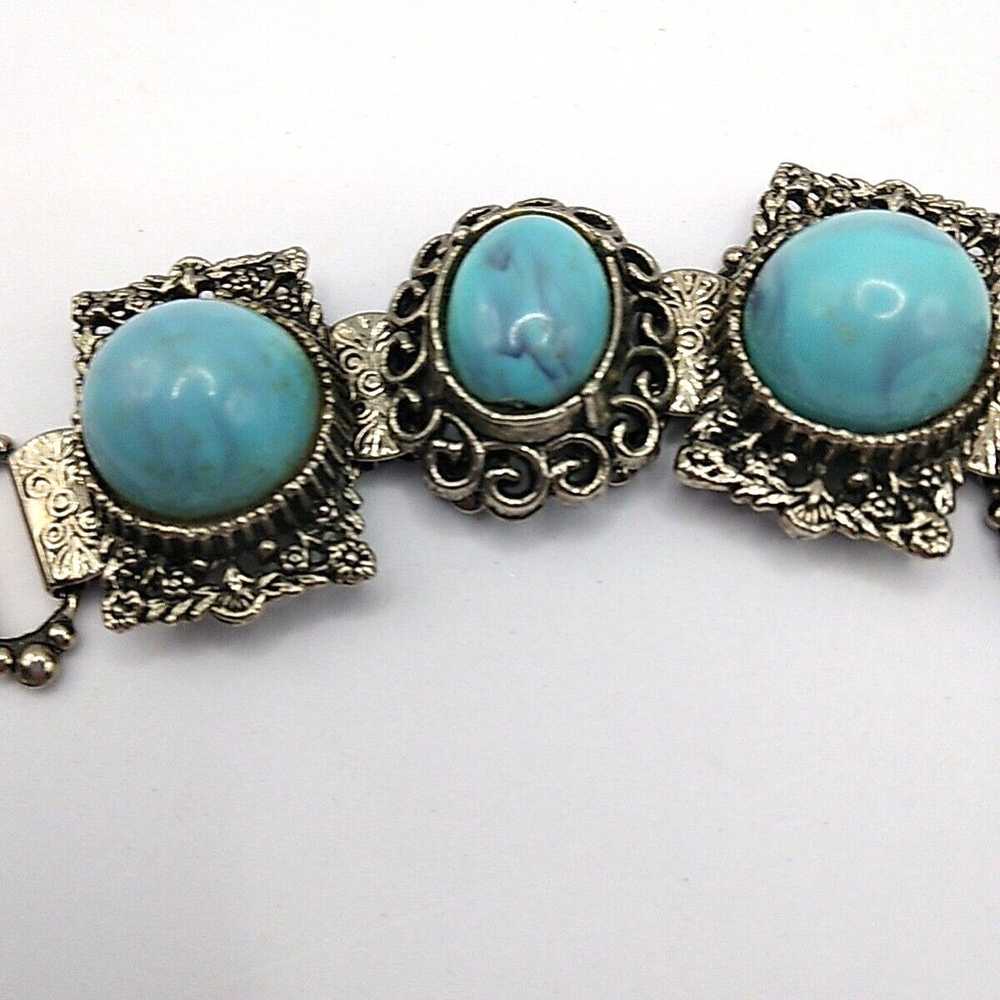 Vintage Bracelet Filigree Faux Turquoise Silver T… - image 7