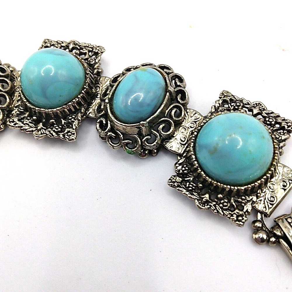 Vintage Bracelet Filigree Faux Turquoise Silver T… - image 9