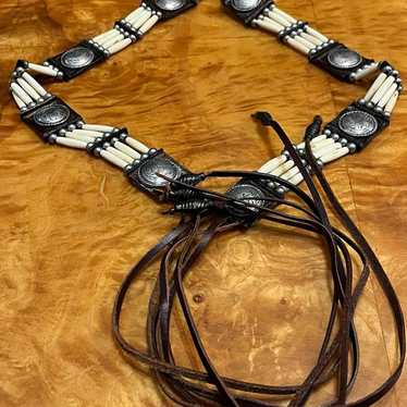 Vintage Leather Tie Belt with Beads and Silver - image 1