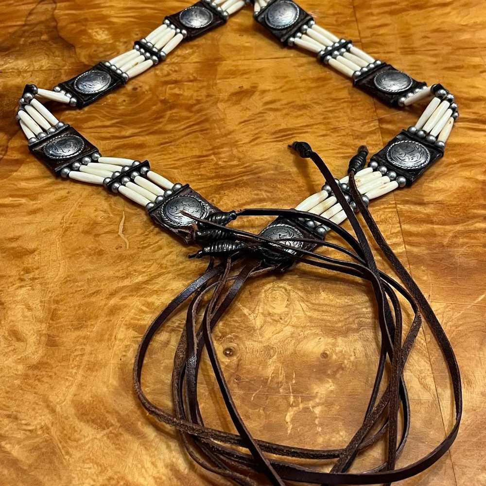 Vintage Leather Tie Belt with Beads and Silver - image 2