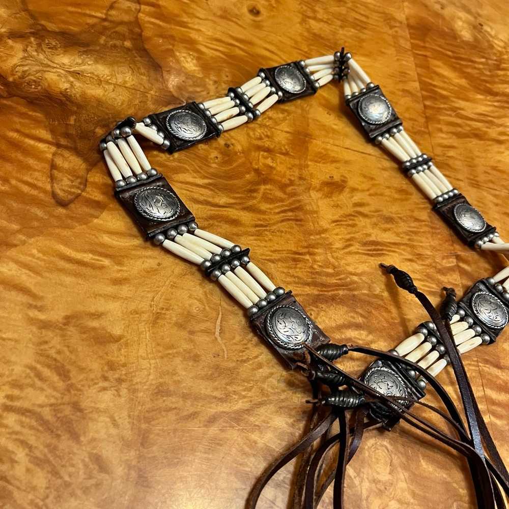 Vintage Leather Tie Belt with Beads and Silver - image 3