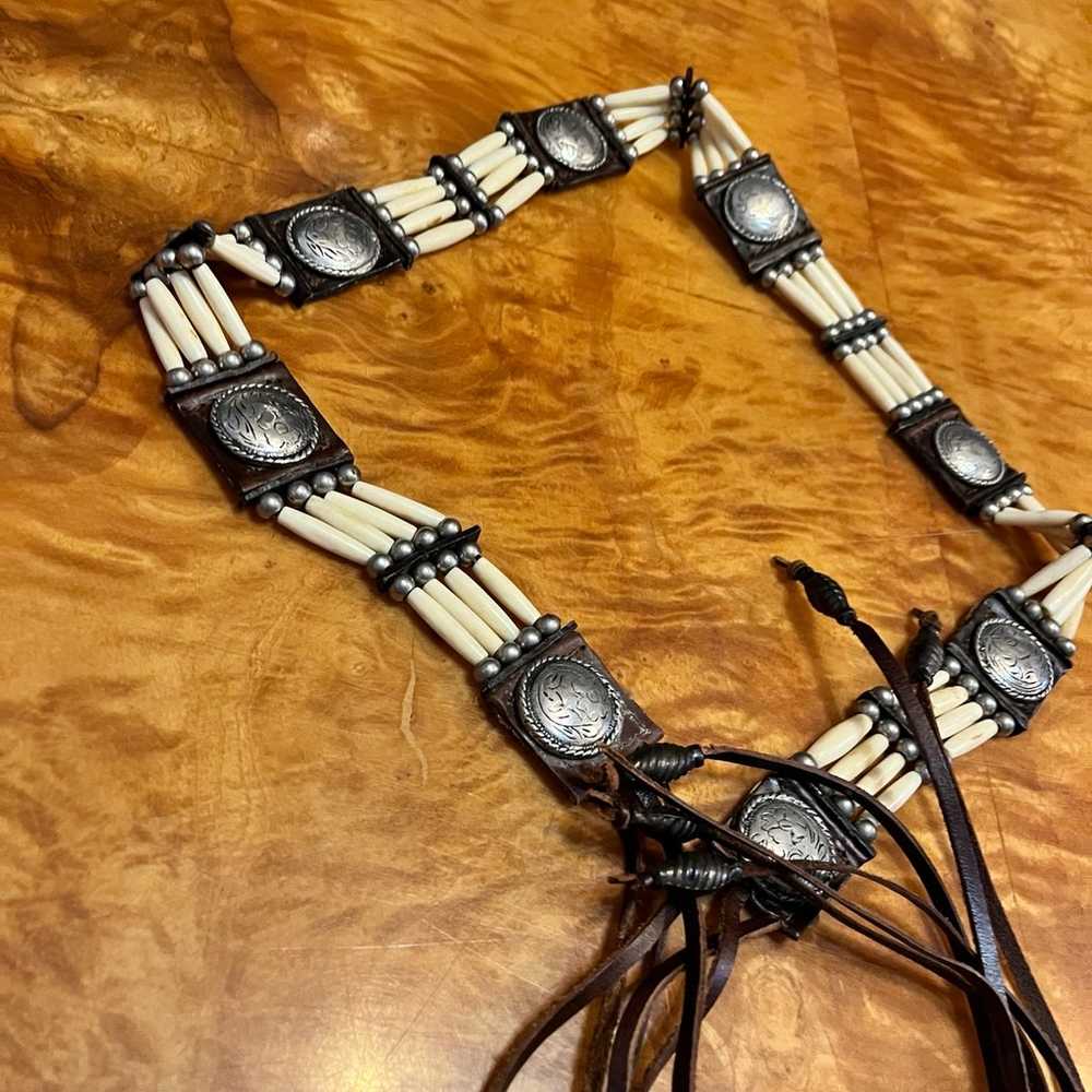 Vintage Leather Tie Belt with Beads and Silver - image 4